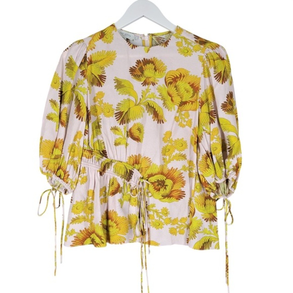 Ted‎ Baker Amellii Floral Peplum Top Women Size 2 Pink Yellow Boho Cottage